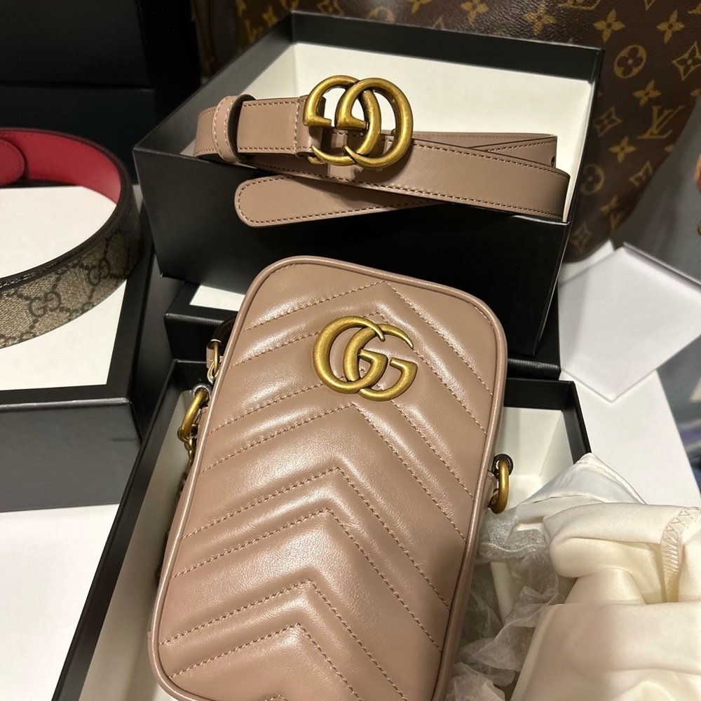 Gucci Nude Quilted Crossbody Bag & Belt with Gold Accents